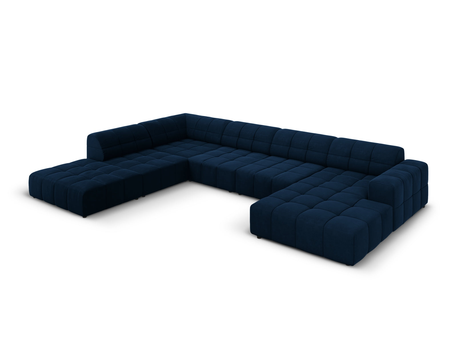 Elegantes Chicago Velour Panoramic Ecksofa links in Royal Blue, 7 Sitzer, 262 cm, ideal für stilvolle Wohnräume.