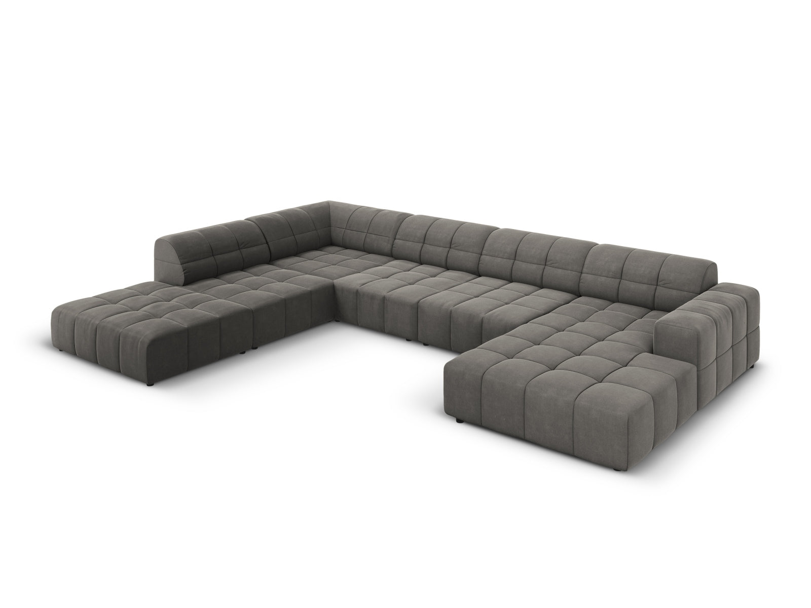 Elegantes Chicago Velour Panoramic Ecksofa links in Light Grey-Bluvel, ideal für stilvolle Wohnräume, 7 Sitzer, 262 cm.