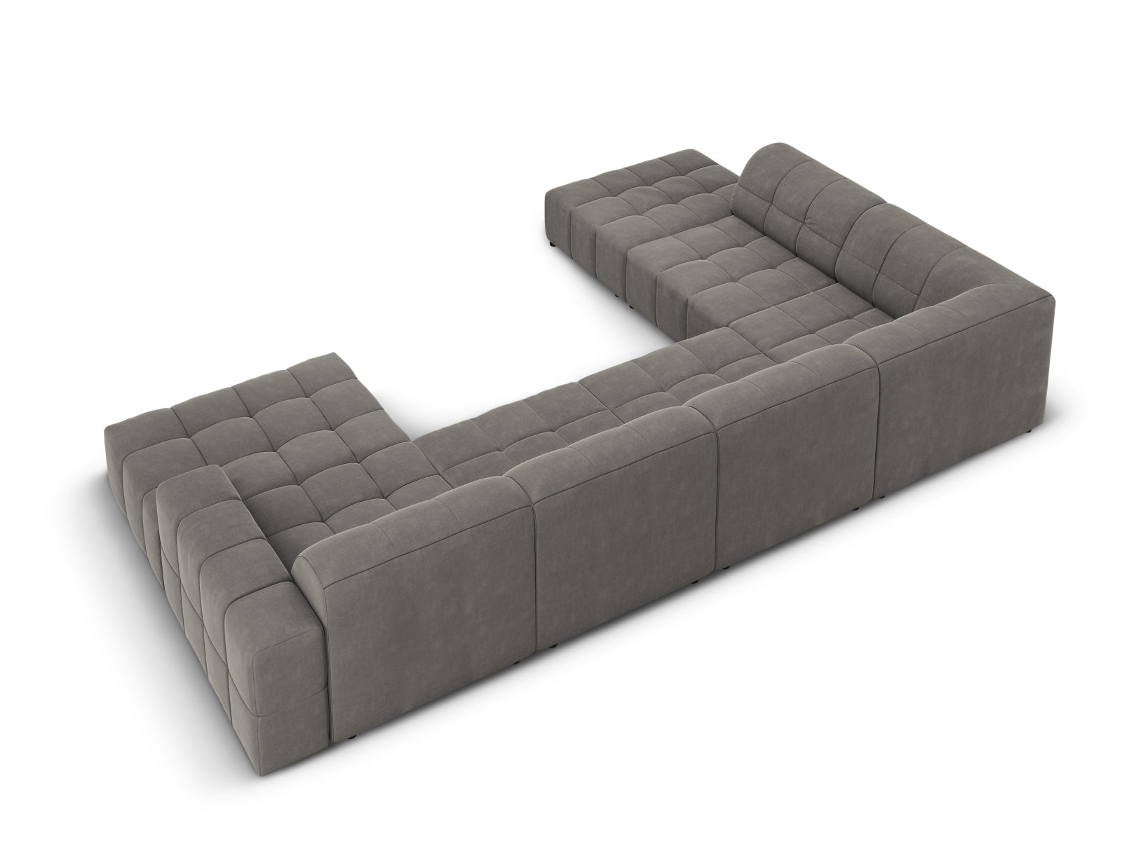 Modernes 7-sitziges Chicago Velour Panoramic Ecksofa links in sanftem Light Grey-Bluvel, perfekt für gemütliche und stilvolle Wohnzimmer.