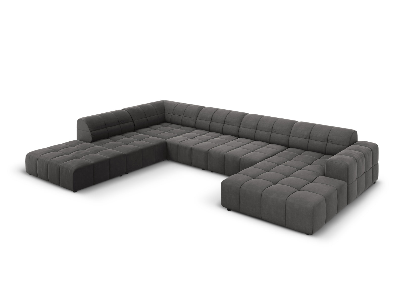 Elegantes Chicago Velour Panoramic Ecksofa links in Grau-Blau, 7 Sitzer, 262 cm, ideal für stilvolle Wohnräume.