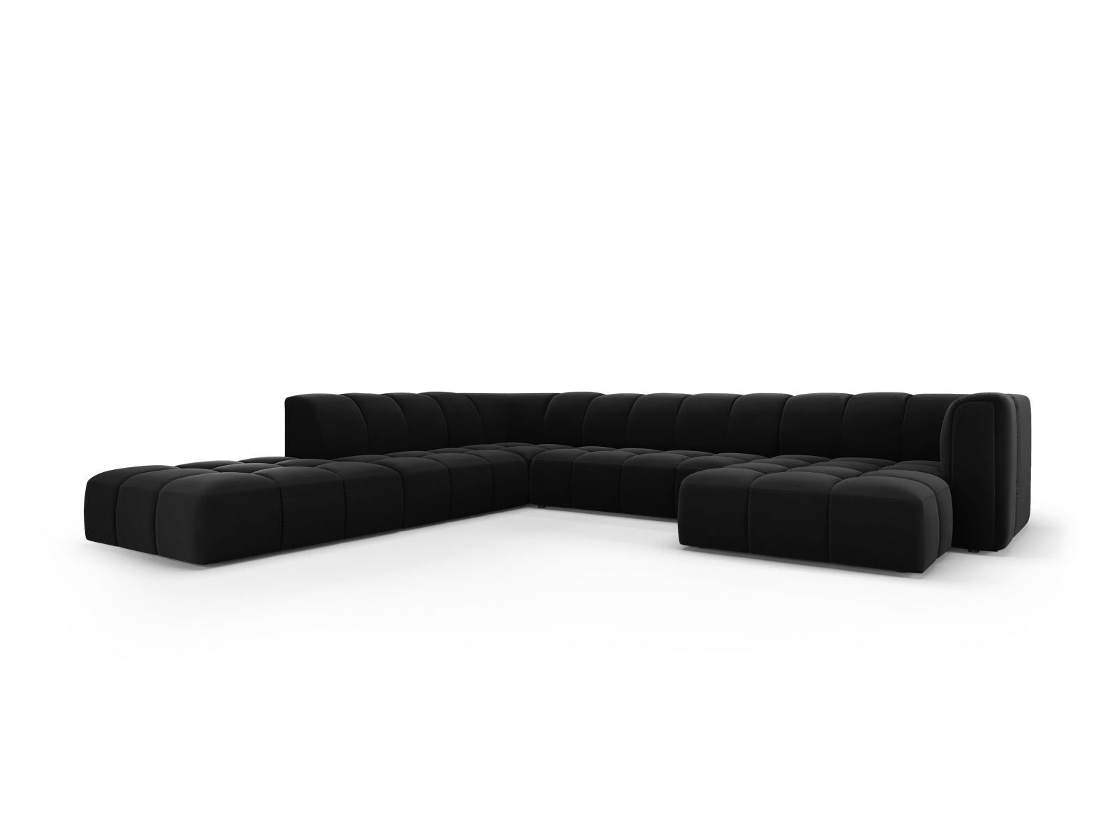Stilvolles 7-Sitzer Ecksofa Moritz in Panoramic-Design, linksseitig, ideal für moderne Wohnräume, präsentiert in elegantem Black-Bluvel.