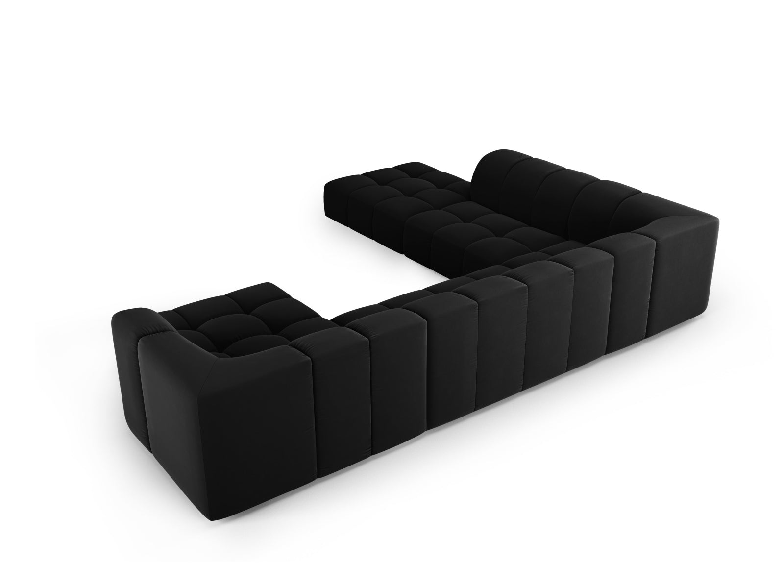 Geräumiges 7-Sitzer Ecksofa Moritz im modernen Panoramic-Stil, linksseitig, in edlem Black-Bluvel, perfekt für stilvolle Wohnzimmer.