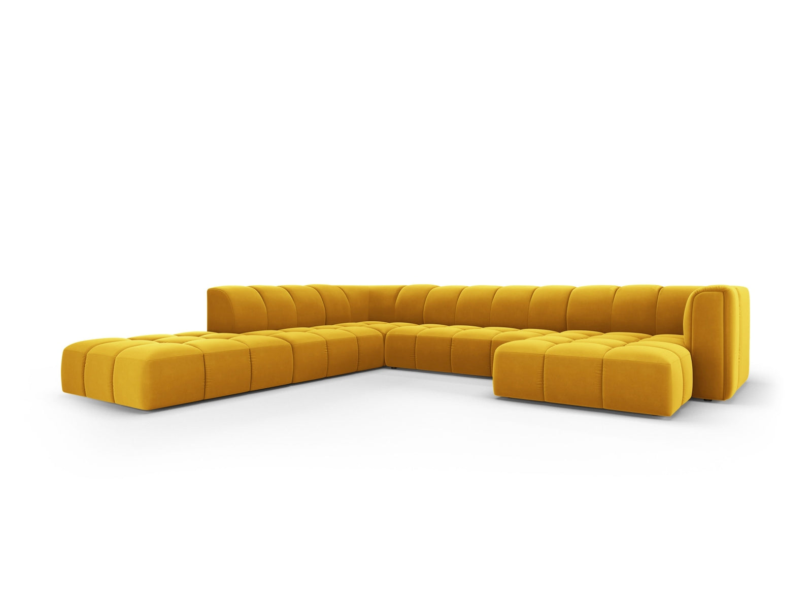 Modulares 7-Sitzer Ecksofa Panoramic links Moritz in stilvollem Gelb-Bluvel, ideal für moderne Wohnräume, präsentiert von Cosmopolitan Design.