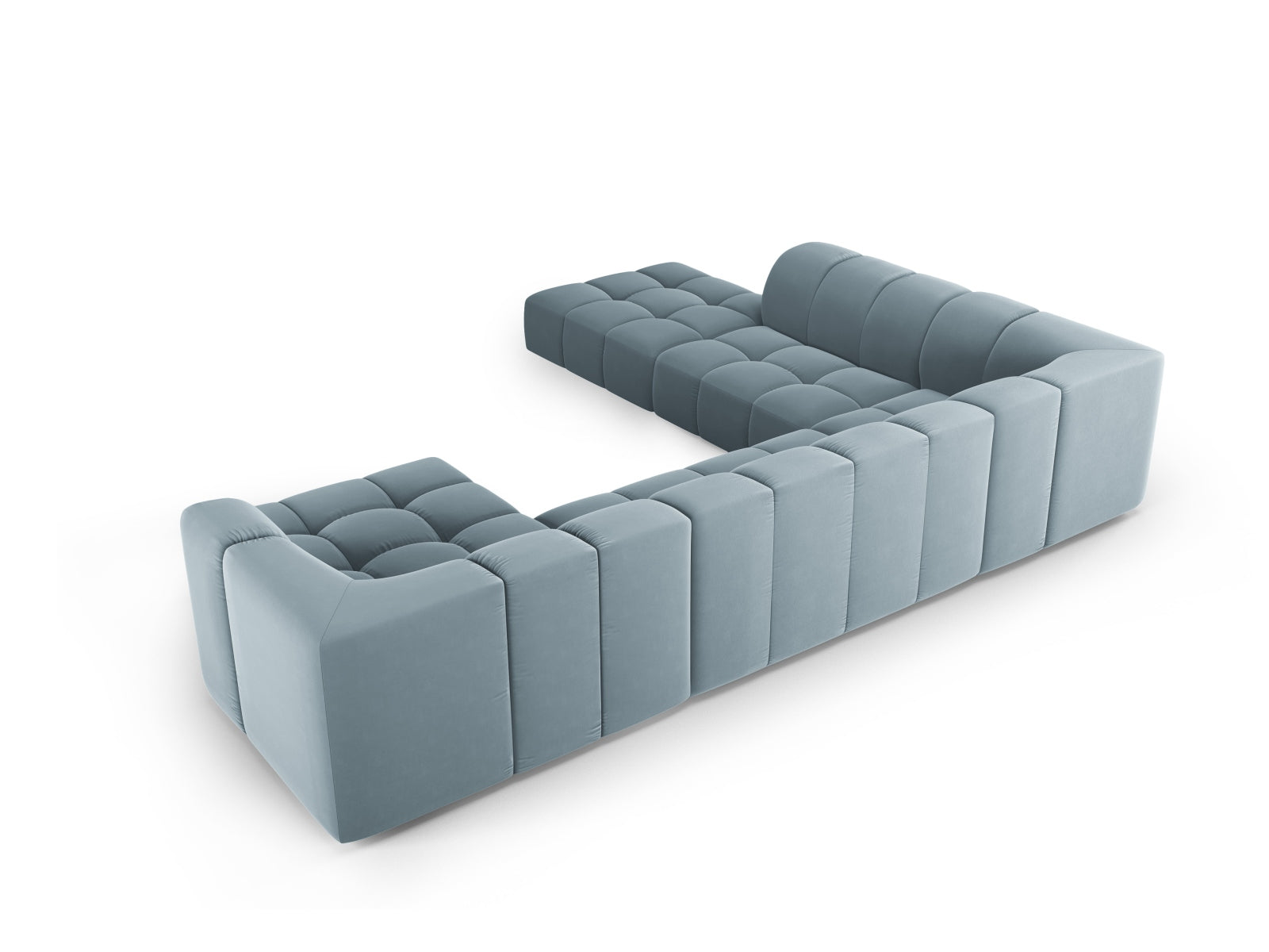 Geräumiges 7-Sitzer Ecksofa Moritz in zartem Hellblau, perfekt für gemütliche Wohnzimmer, bietet modernen Komfort und stilvolle Akzente.