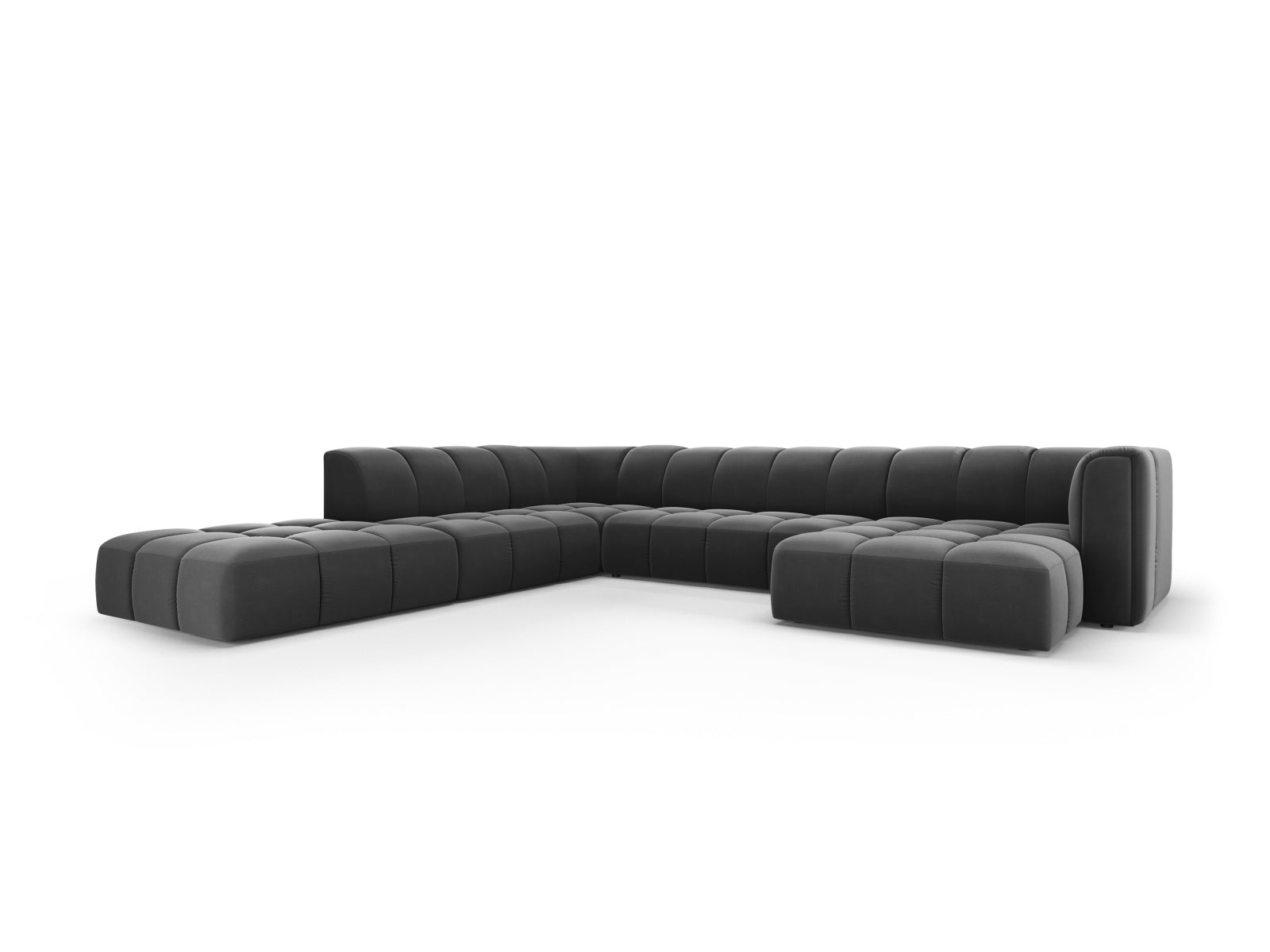 Stilvolles 7-Sitzer Ecksofa Moritz in Grau-Bluvel, modular und panoramisch, ideal für moderne Wohnräume.