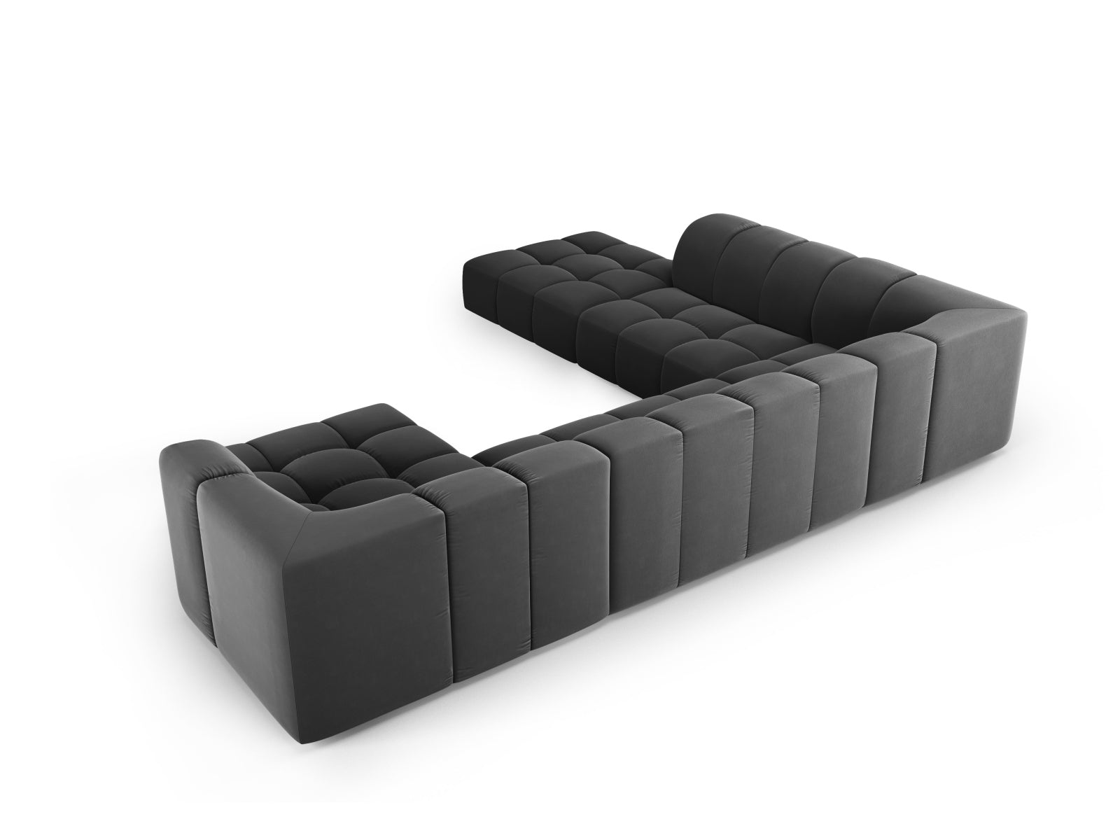 Geräumiges 7-Sitzer Ecksofa Moritz in elegantem Grau-Bluvel, perfekt für gesellige Runden und stilvolle Einrichtung.