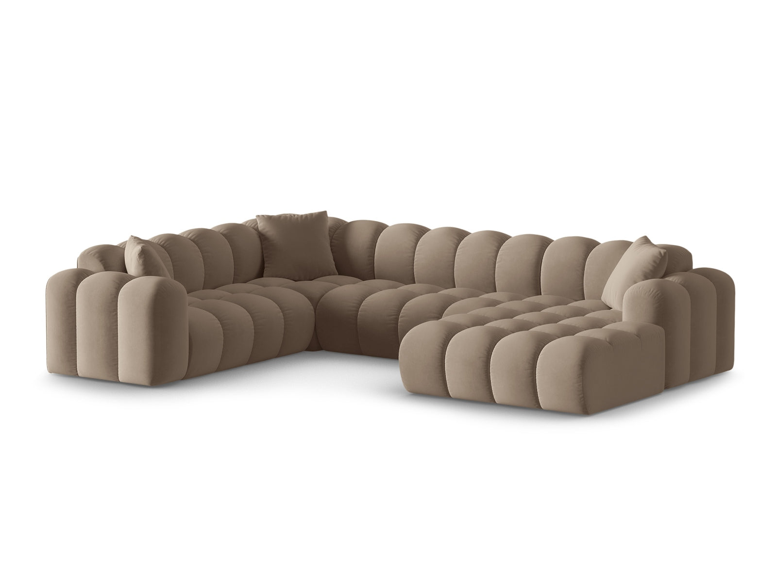 Elegantes 4-Sitzer Panoramic Ecksofa links Treno in stilvollem Cappuccino-Bluvel, ideal für moderne Wohnräume.