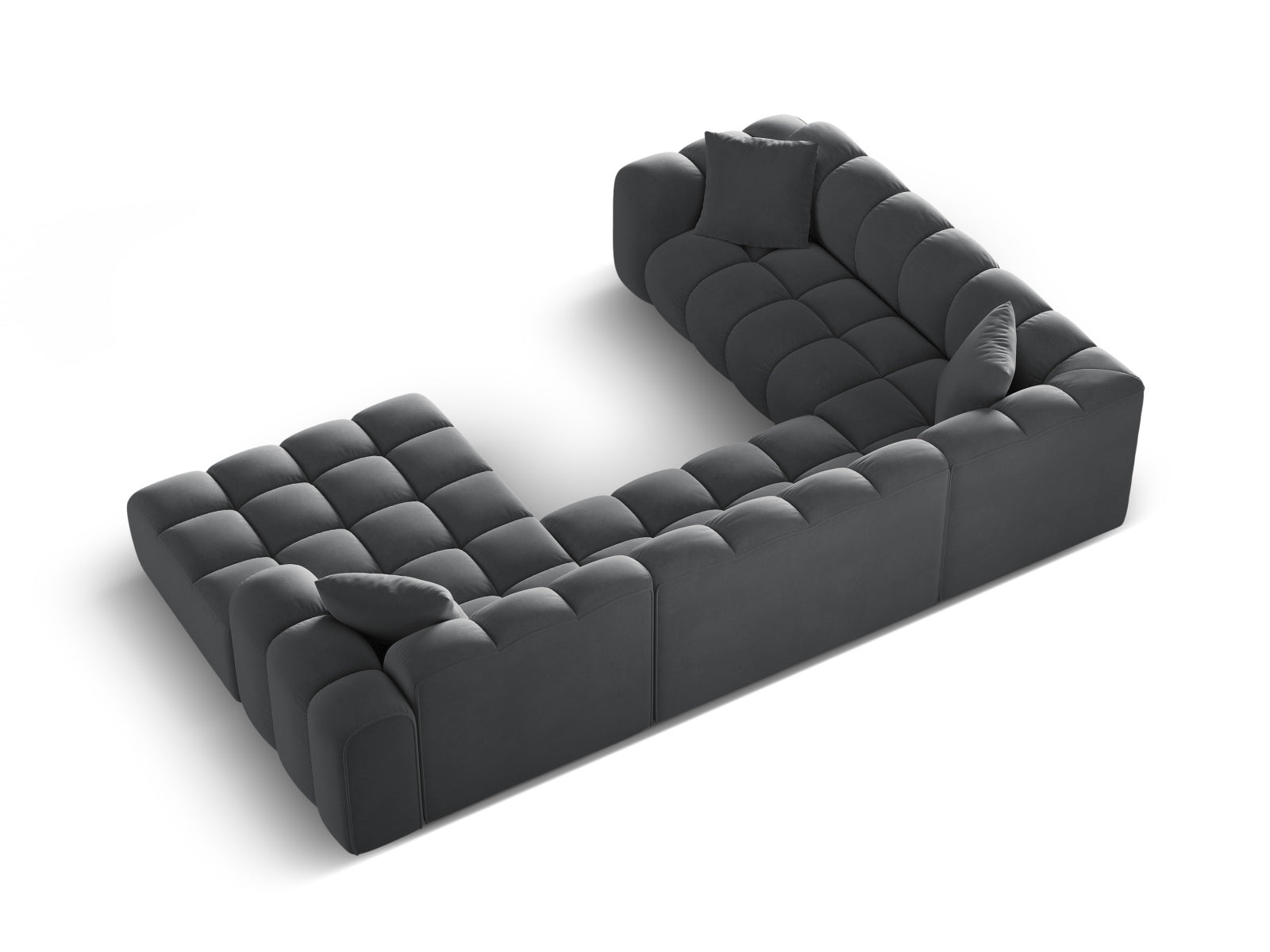 Stylisches 4-Sitzer Ecksofa Treno in Grau-Bluvel, perfekt für gesellige Runden und zeitgemäße Wohnräume.
