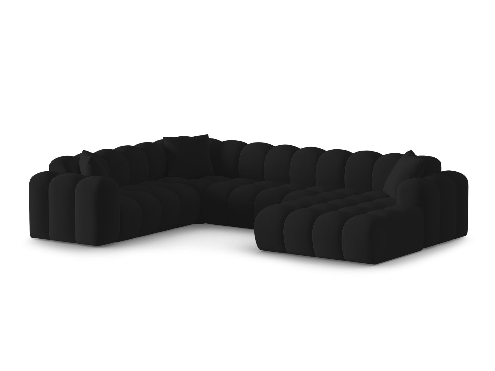 Elegantes 4-Sitzer Panoramic Ecksofa links Treno in stilvollem Black-Bluvel, ideal für moderne Wohnräume.