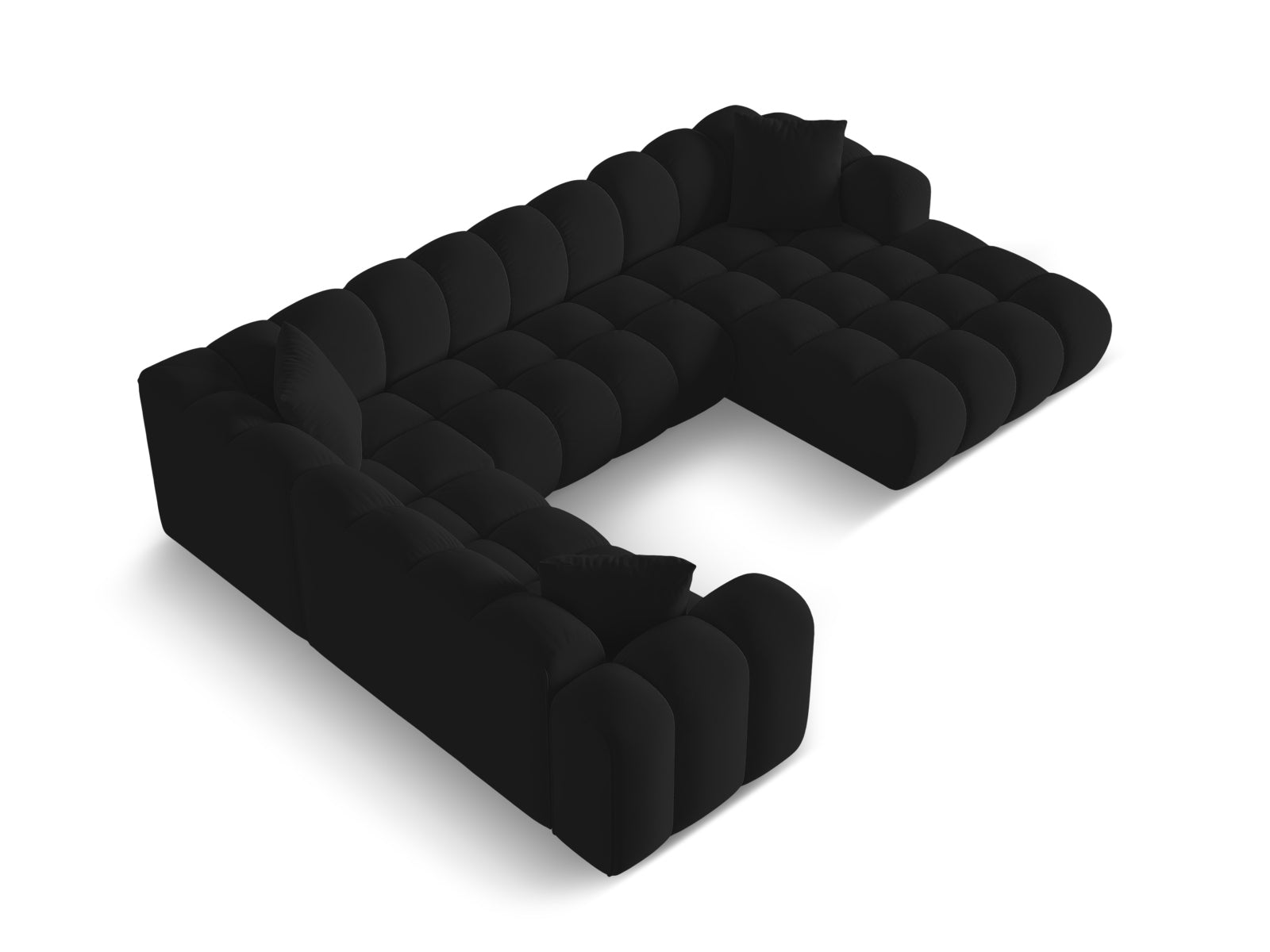 Elegantes 4-Sitzer Panoramic Ecksofa links Treno in hochwertigem Black-Bluvel, ideal für einladende Wohnräume und entspannte Stunden.