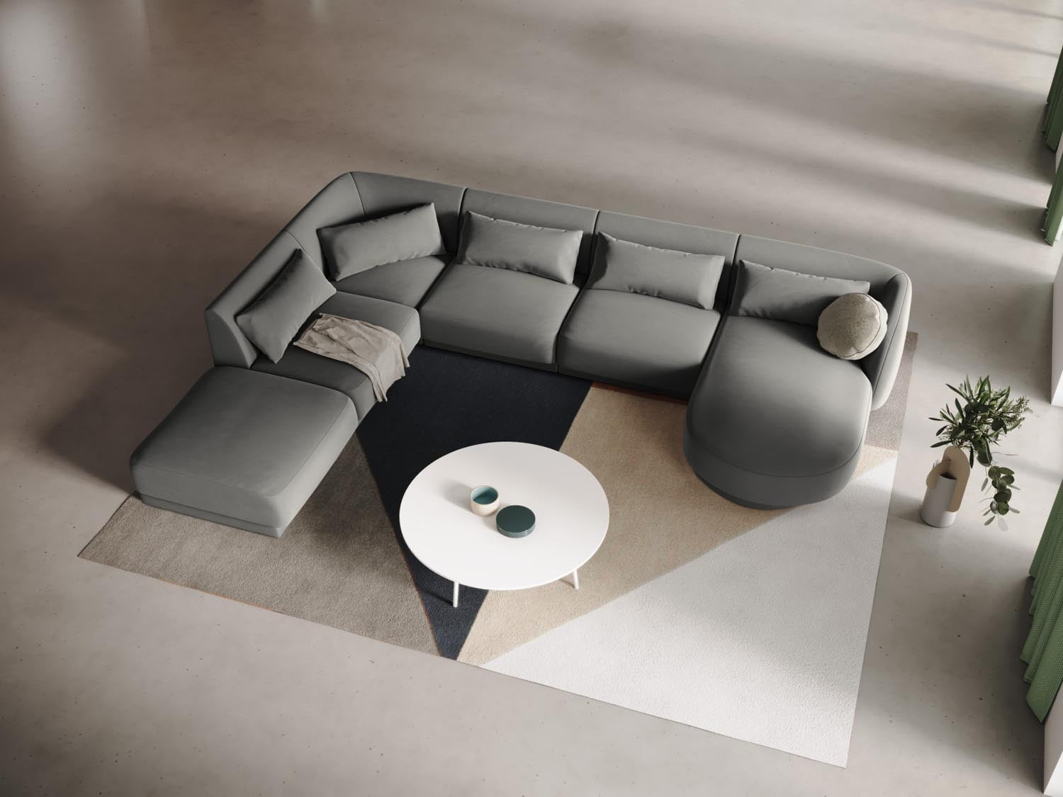 Elegantes Tulum Velour Panoramic Ecksofa links in sanftem Light Grey-Bluvel, ideal für stilvolle Wohnräume und gesellige Abende.