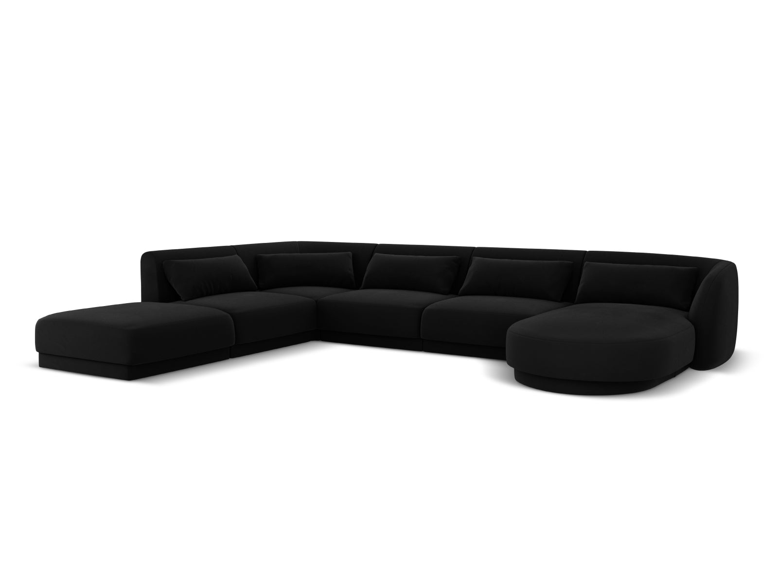 Modernes Tulum Velour Panoramic Ecksofa links in edlem Schwarz-Bluvel, großzügiges 6-Sitzer-Design, perfekt für gemütliche Wohnzimmer.
