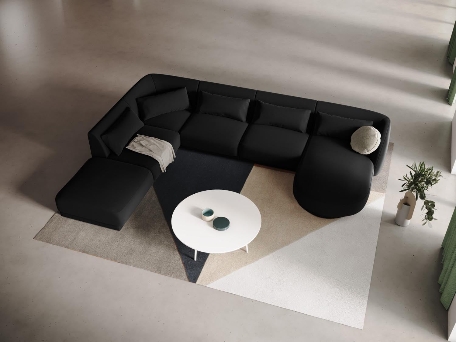 Elegantes Tulum Velour Panoramic Ecksofa links in Schwarz-Bluvel, ideal für stilvolle Wohnräume, 6 Sitzer, 255 cm.