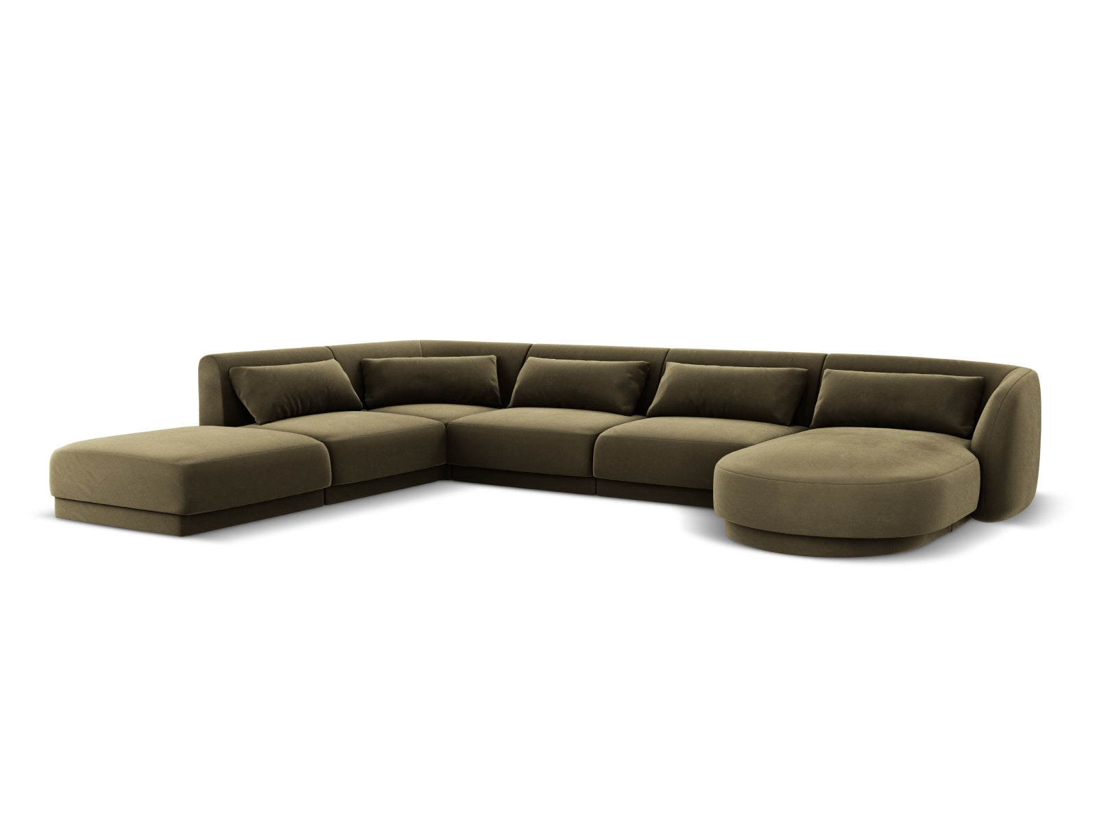 Luxuriöses Tulum Velour Panoramic Ecksofa links in trendigem Green-Bluvel, perfekt für stilvolle Wohnzimmer und entspannte Zusammenkünfte.
