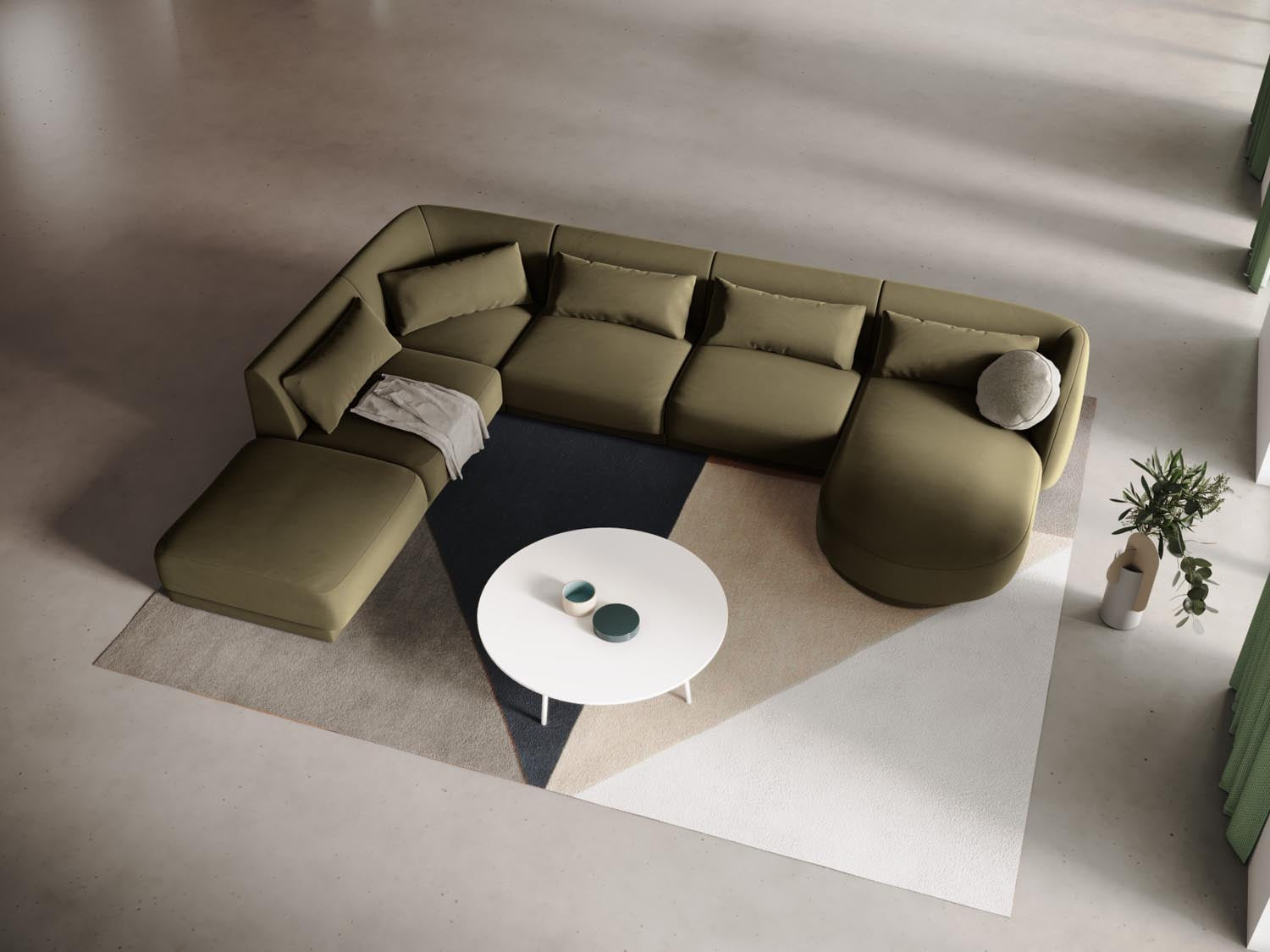 Elegantes Tulum Velour Panoramic Ecksofa links in stilvollem Green-Bluvel, ideal für moderne Wohnräume und gesellige Abende.