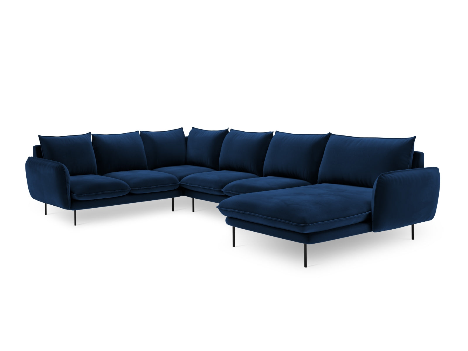 Luxuriöses 7-sitziges Ecksofa in Royal Blue mit weichem Velour, perfekt für moderne Wohnzimmer, erhältlich bei Cosmopolitan Design.