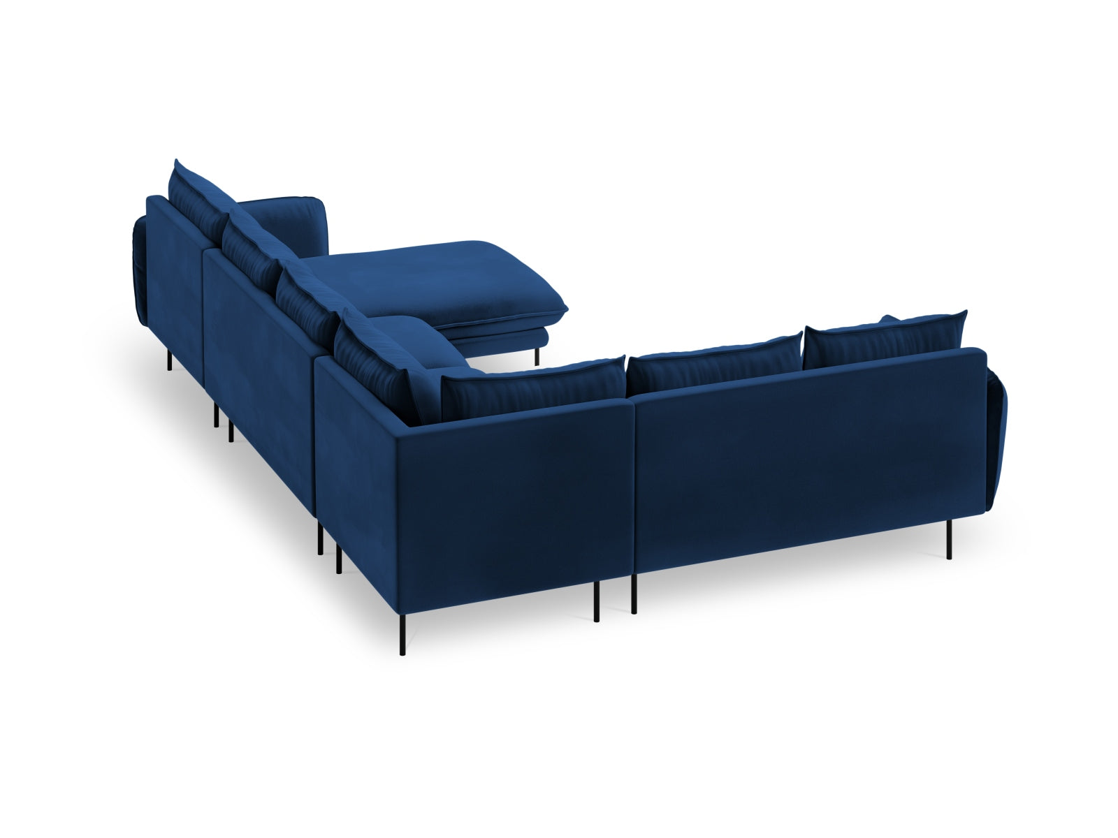 Elegantes 7-sitziges Ecksofa in Royal Blue aus hochwertigem Velour, ideal für stilvolle Wohnräume, erhältlich bei Cosmopolitan Design.