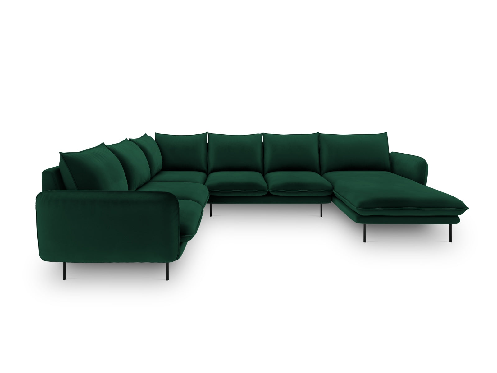 Elegantes Vienna Velour Panoramic Ecksofa links in sattem Flaschengrün, 7 Sitzer, 235 cm, stilvoll und modern für Ihr Wohnzimmer.