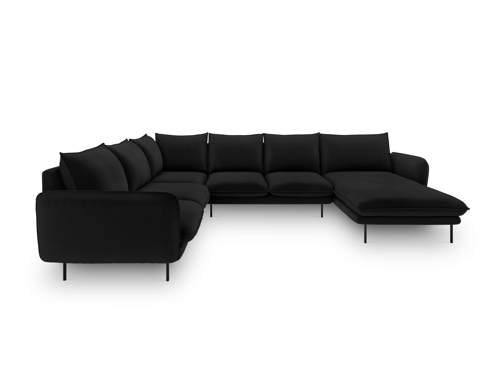 Elegantes Vienna Velour Panoramic Ecksofa links in Schwarz, 7 Sitzer, 235 cm, ideal für stilvolle Wohnräume.