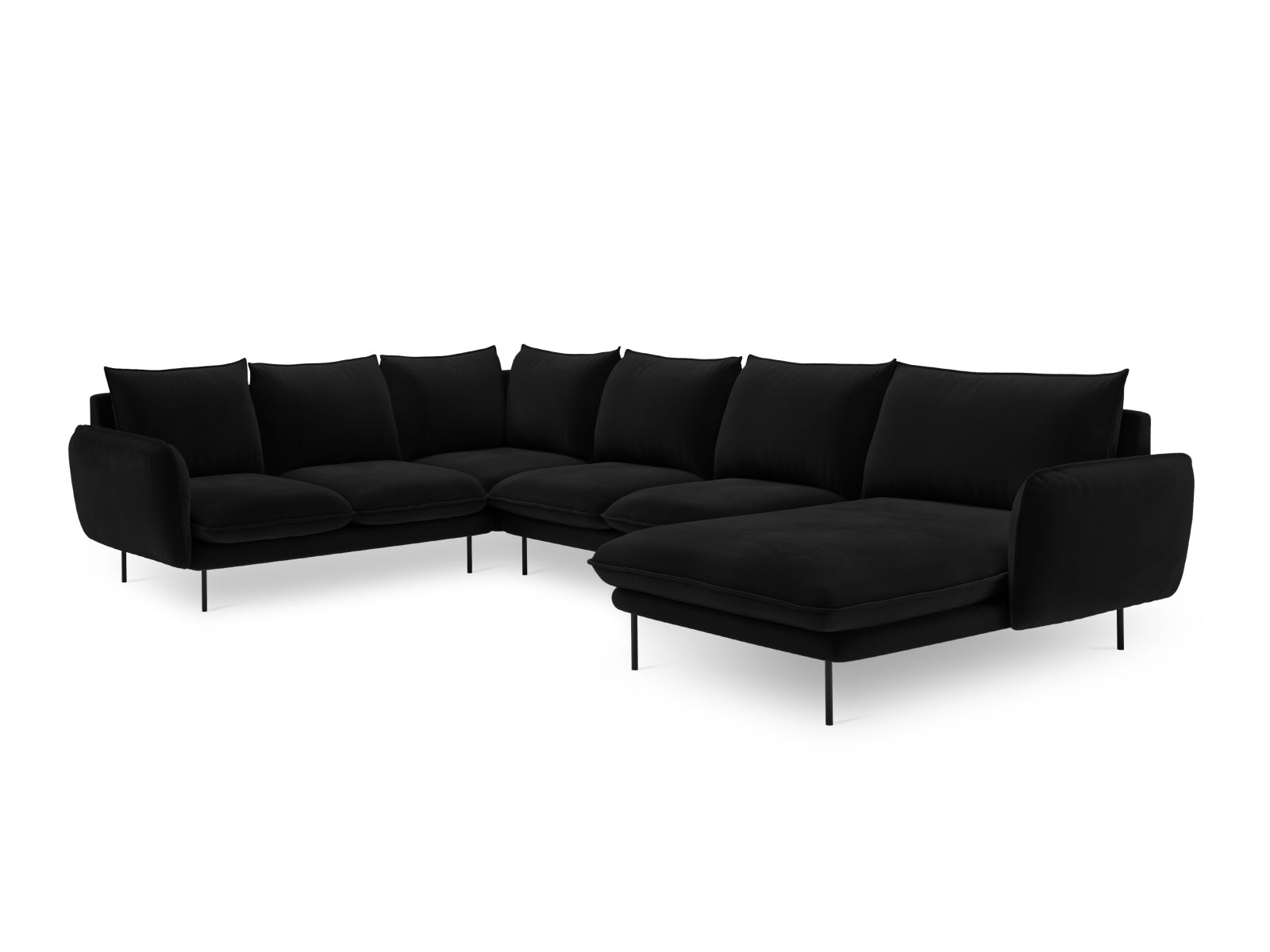 Modernes 7-sitziges Ecksofa in schwarzem Velours, 235 cm, linksseitig, perfekt für gemütliche und stilvolle Wohnzimmer.