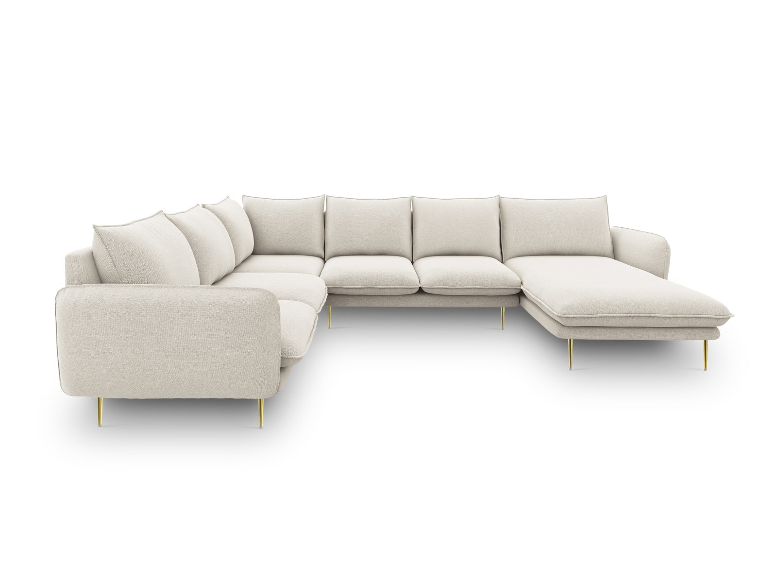 Modernes 7-Sitzer Ecksofa links in Light Beige/Gold-Positano, perfekt für gemütliche und stilvolle Wohnlandschaften, 235 cm.