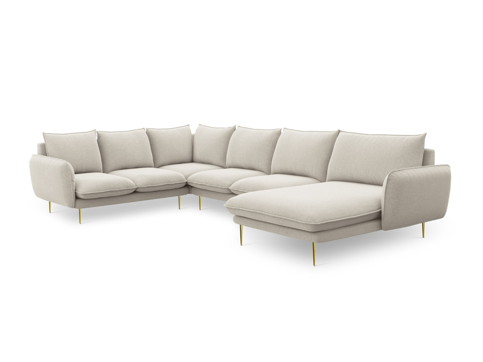 Elegantes 7-Sitzer Ecksofa links in sanften Beige- und Goldtönen, ideal für stilvolle Wohnräume und gesellige Abende, 235 cm.