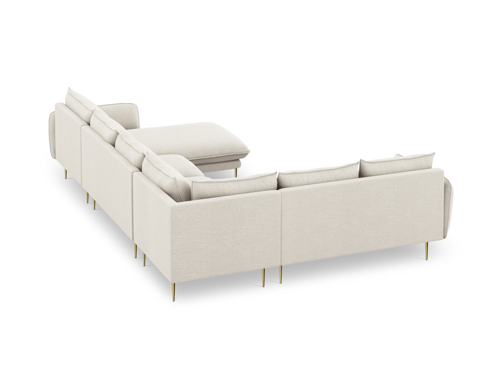 Modernes 7-Sitzer Ecksofa links in warmen Beige- und Goldnuancen, perfekt für gemütliche Zusammenkünfte und stilvolle Einrichtung, 235 cm.