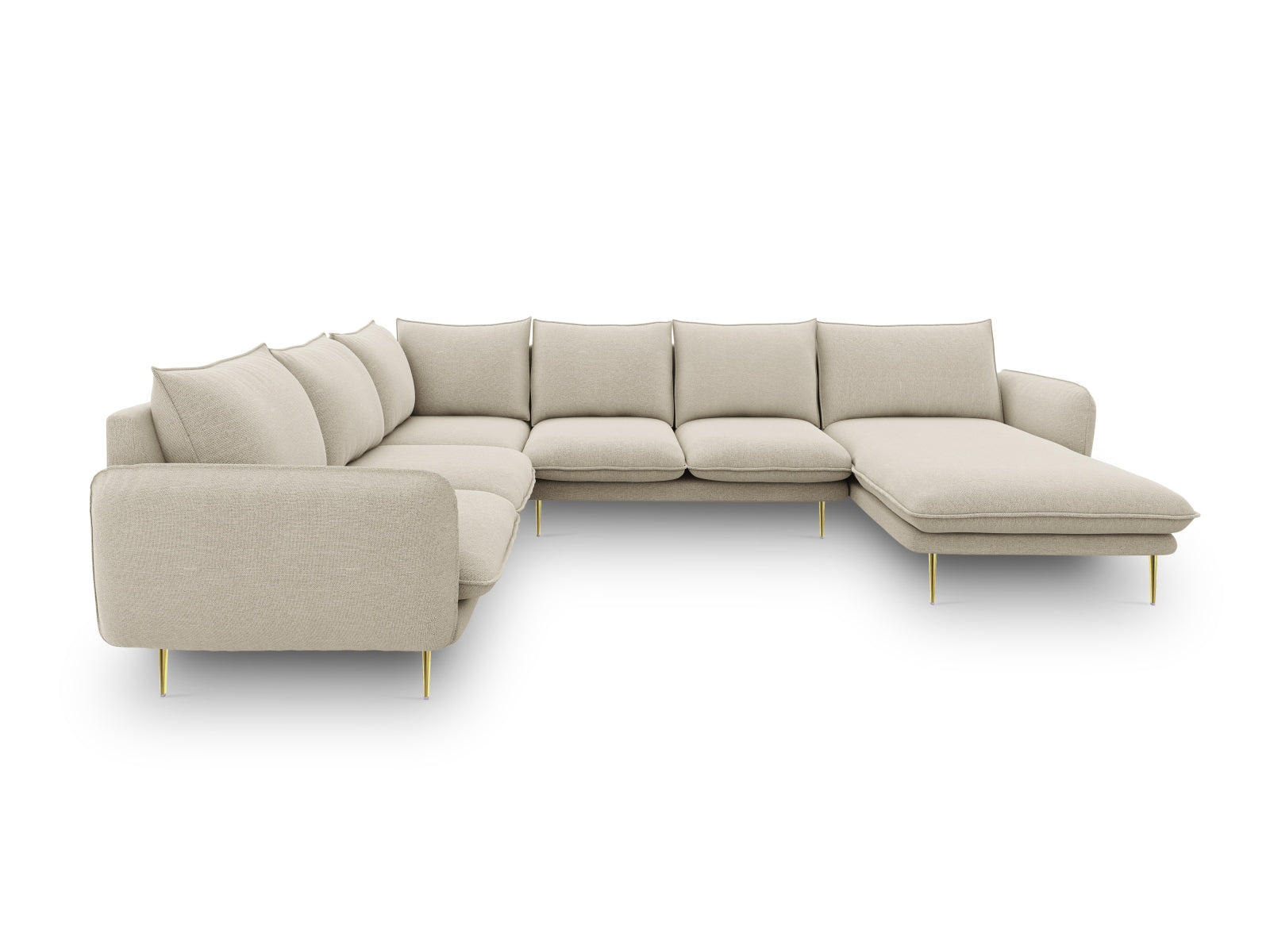 Elegantes, beiges Ecksofa mit goldenen Akzenten, 7 Sitzer, 235 cm, ideal für stilvolle Wohnräume von Cosmopolitan Design.