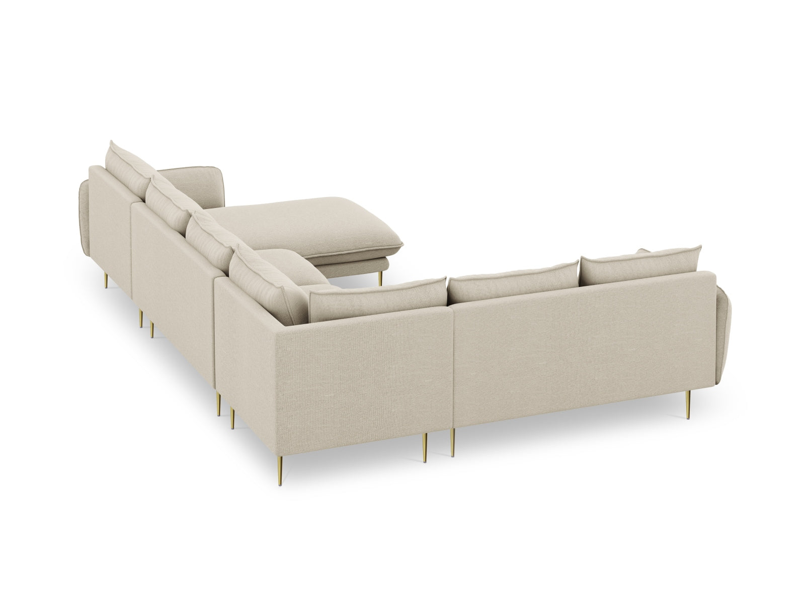Elegantes, beiges 7-Sitzer Ecksofa mit goldenen Akzenten, 235 cm, ideal für stilvolle Wohnzimmer, von Cosmopolitan Design.