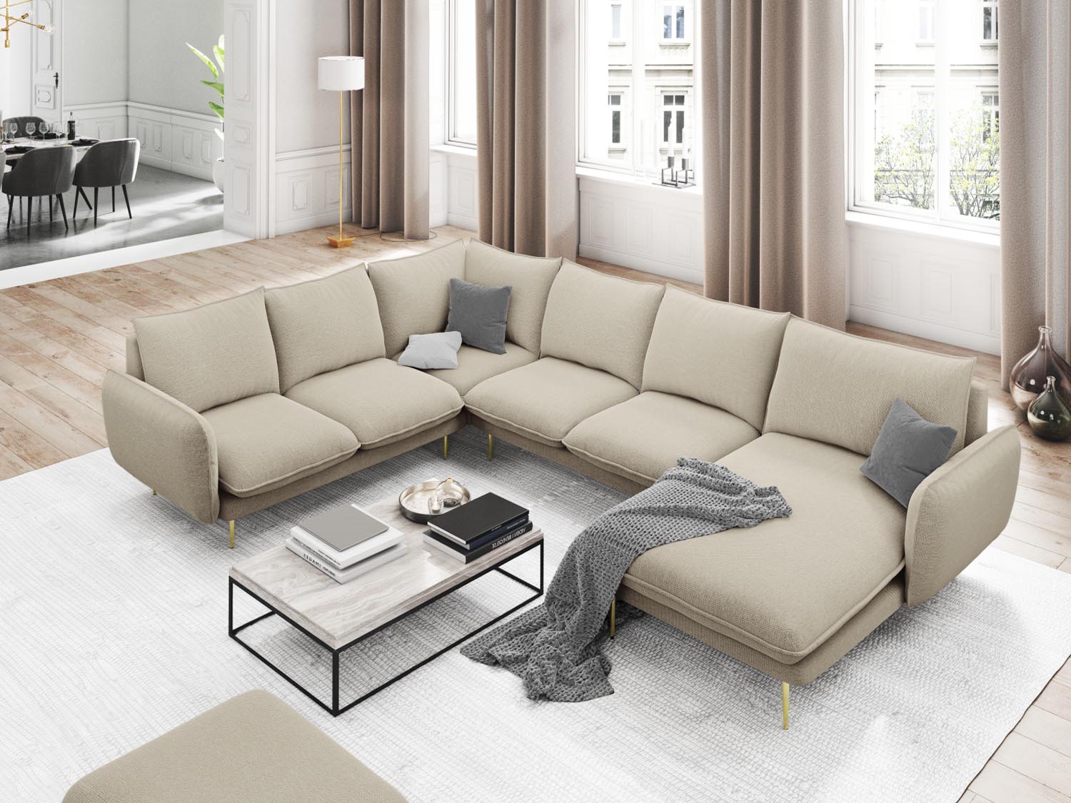 Beige/goldenes Vienna Panoramic Ecksofa links, 7 Sitzer, 235 cm, stilvolles Design von Cosmopolitan für modernen Wohnkomfort.