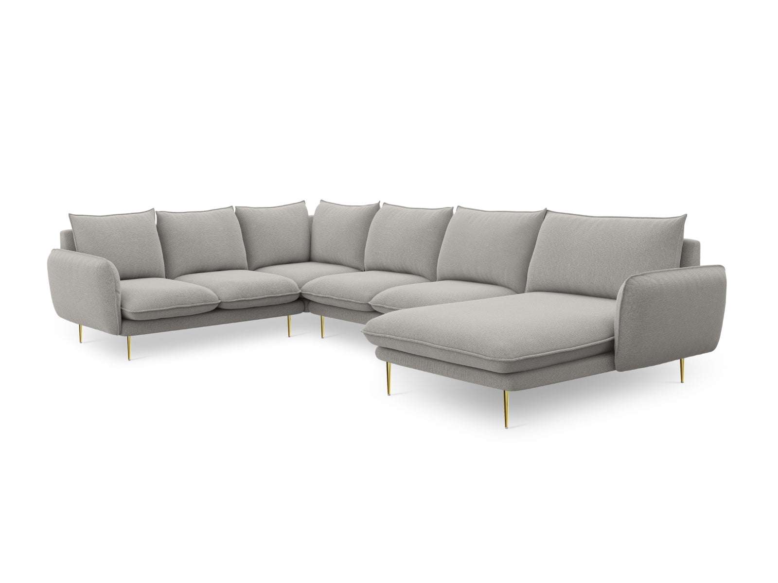 Elegantes 7-sitziges Ecksofa links in sanftem Grau, ideal für entspannte Abende und geschmackvolle Wohnräume.