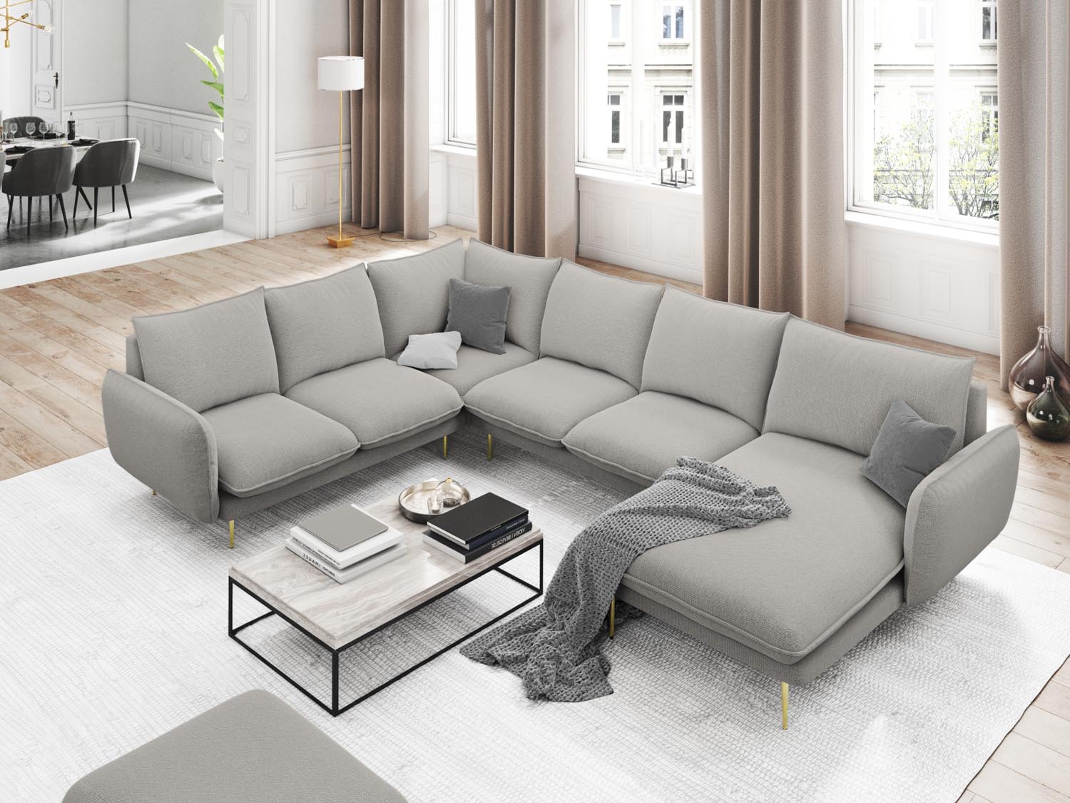 Elegantes Vienna Panoramic Ecksofa links in Light Grey/Gold-Asgard/Positano, ideal für stilvolle Wohnräume und gesellige Abende.