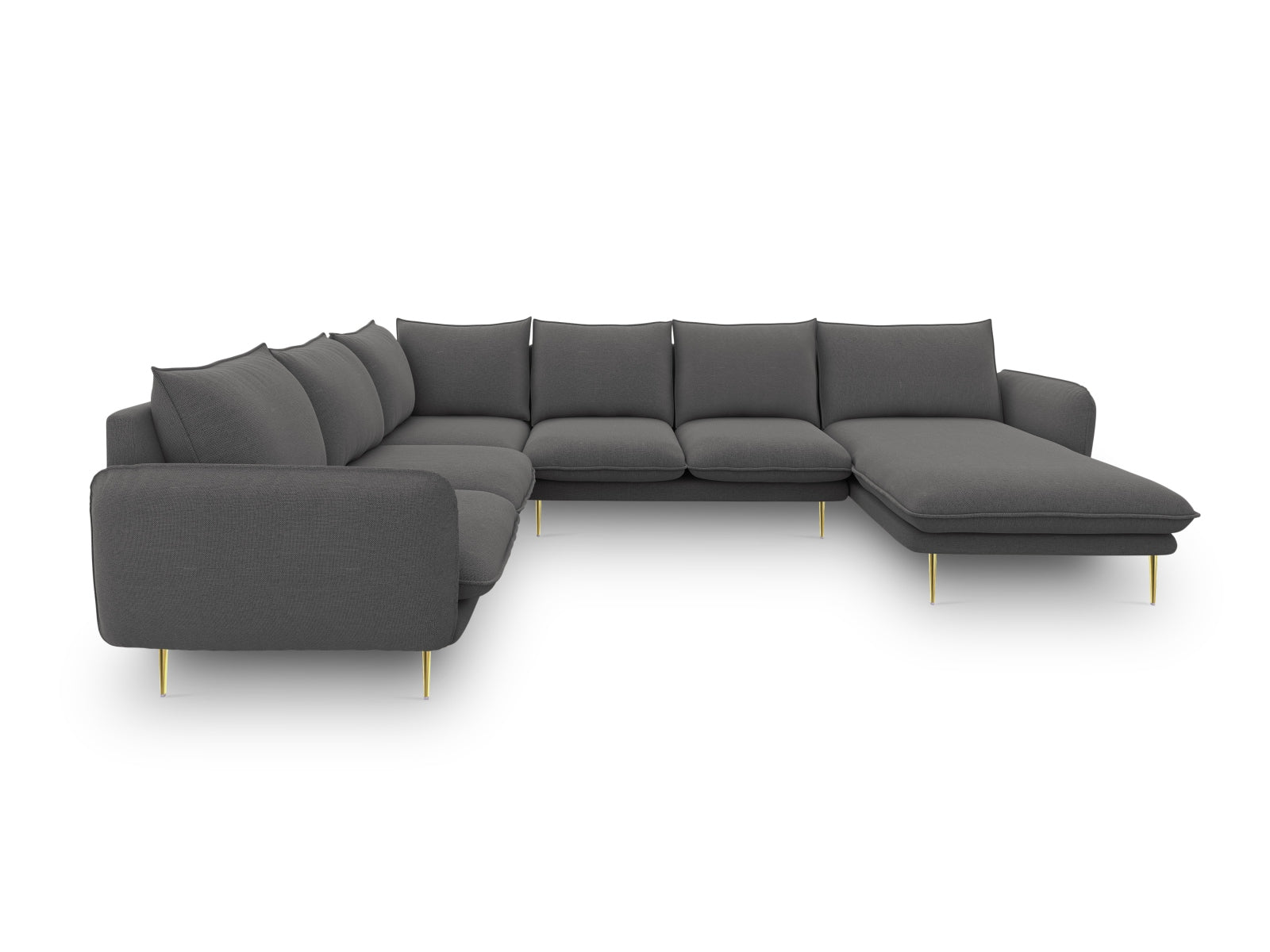 Modernes 7-Sitzer Ecksofa links in Dunkelgrau, perfekt für großzügige Wohnzimmer und entspannte Zusammenkünfte.