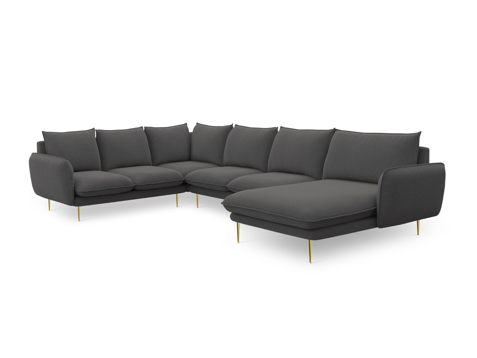 Elegantes, geräumiges 7-Sitzer Ecksofa links in stilvollem Dunkelgrau, ideal für gesellige Abende und komfortable Entspannung im Wohnzimmer.