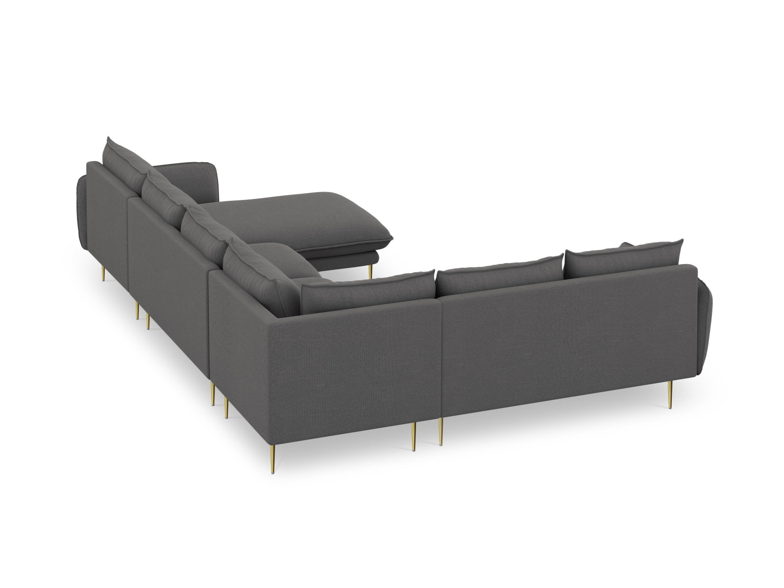 Modernes 7-Sitzer Ecksofa links in edlem Dunkelgrau, perfekt für stilvolle Wohnräume und gesellige Zusammenkünfte.
