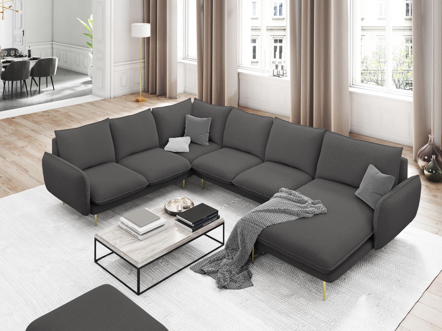 Elegantes Vienna Panoramic Ecksofa links in Dunkelgrau mit goldenen Akzenten, ideal für stilvolle Wohnräume und gesellige Abende.