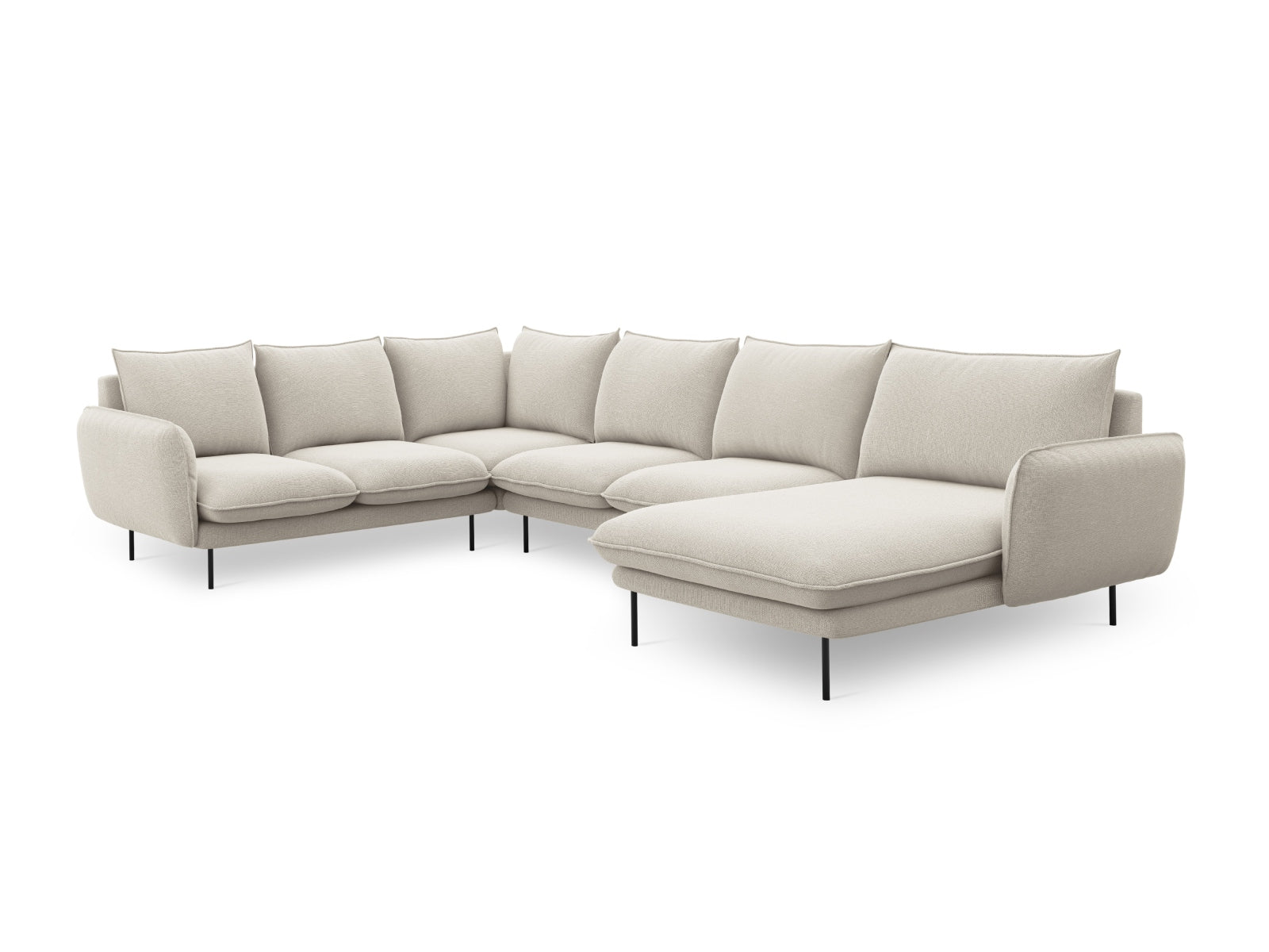 Elegantes 7-Sitzer Ecksofa links im Panorama-Design, ideal für großzügige Wohnräume, in harmonischen Beige- und Schwarznuancen.