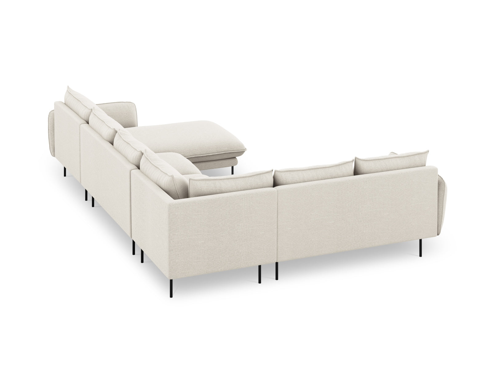 Stilvolles 7-Sitzer Ecksofa links im Panorama-Stil, perfekt für moderne Wohnzimmer, in ansprechenden Beige- und Schwarzfarben.