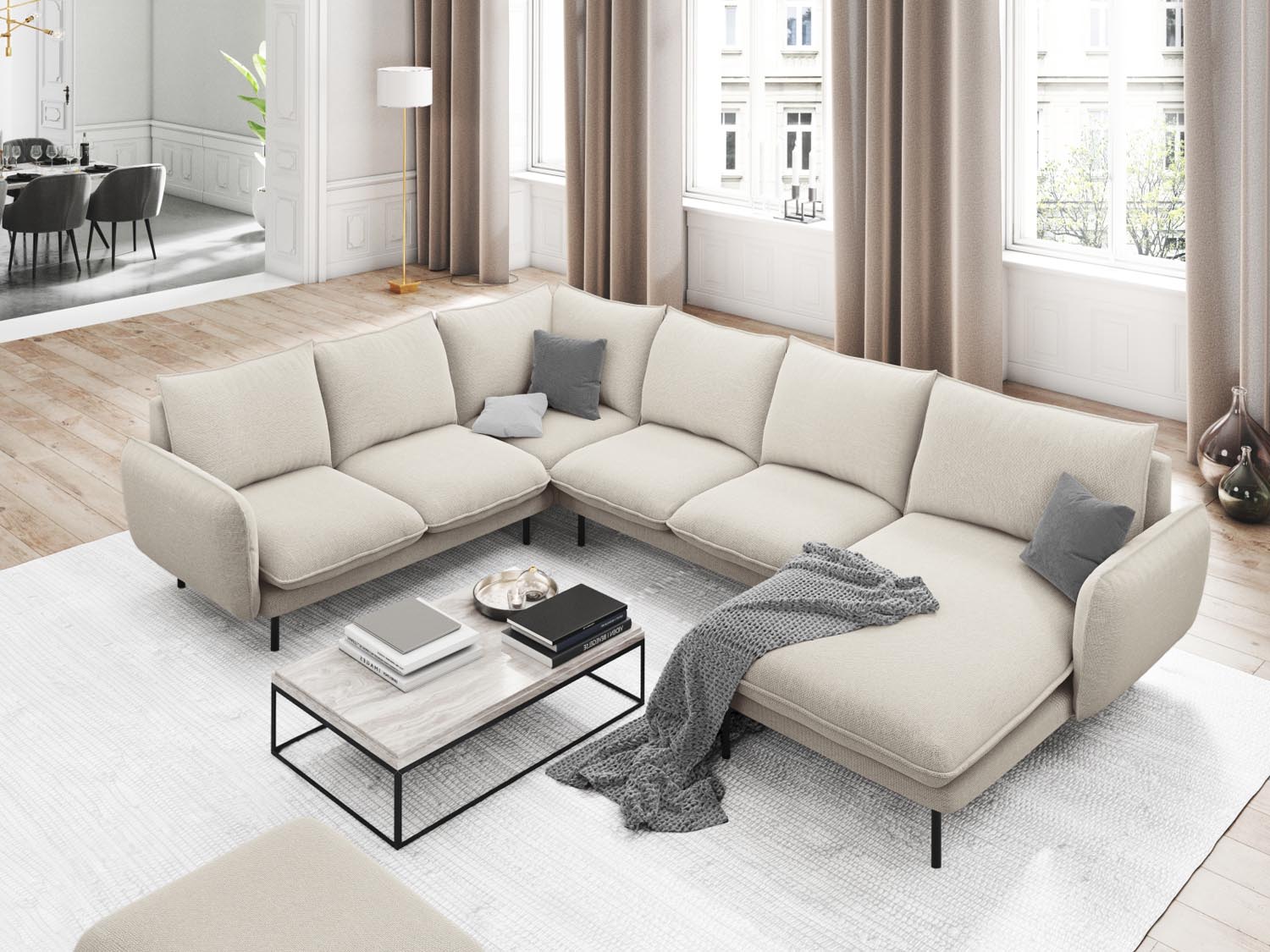 Elegantes Vienna Panoramic Ecksofa links in Light Beige und Schwarz, ideal für stilvolle Wohnräume, 7 Sitzer mit großzügigem Platzangebot.