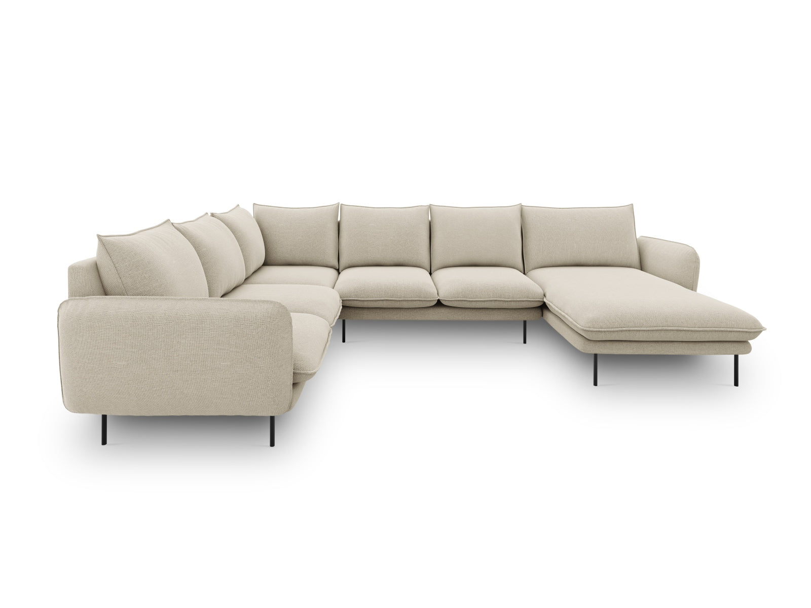 Elegantes, beiges Ecksofa mit schwarzem Akzent, 7 Sitzer, 235 cm, perfekt für stilvolle Wohnlandschaften und entspannte Abende.