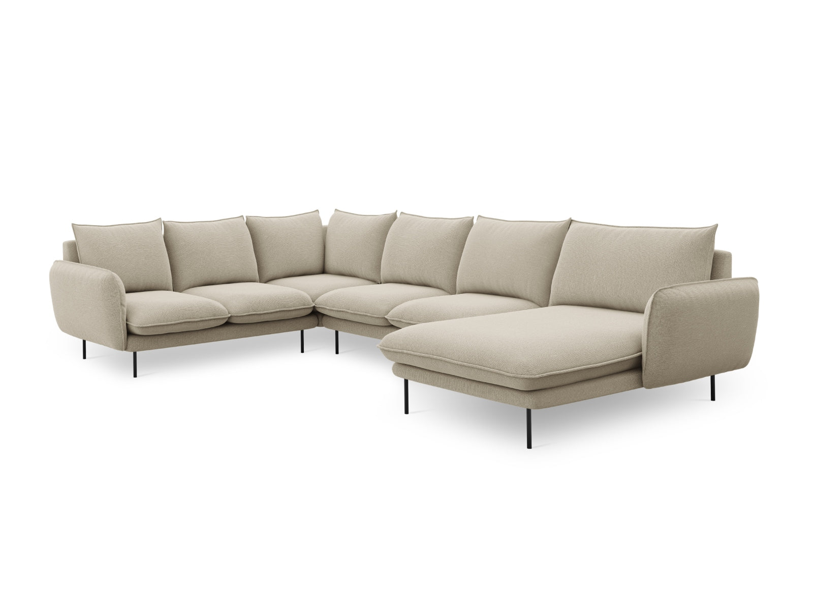 Beiges 7-Sitzer Ecksofa mit schwarzem Detail, 235 cm, ideal für moderne Wohnräume und gesellige Abende.