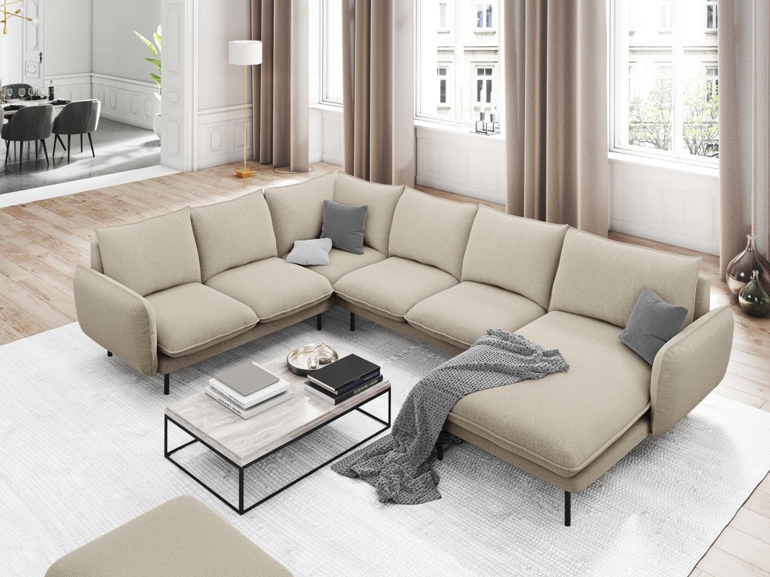 Beige und schwarzes Vienna Panoramic Ecksofa links, 7 Sitzer, 235 cm, stilvoll und modern, ideal für gemütliche Wohnräume.