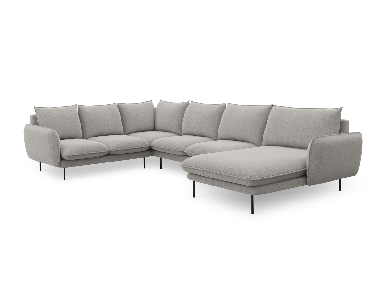 Modernes 7-Sitzer Ecksofa links in sanften Grautönen, 235 cm, ideal für gemütliche Abende und stilvolle Einrichtung.