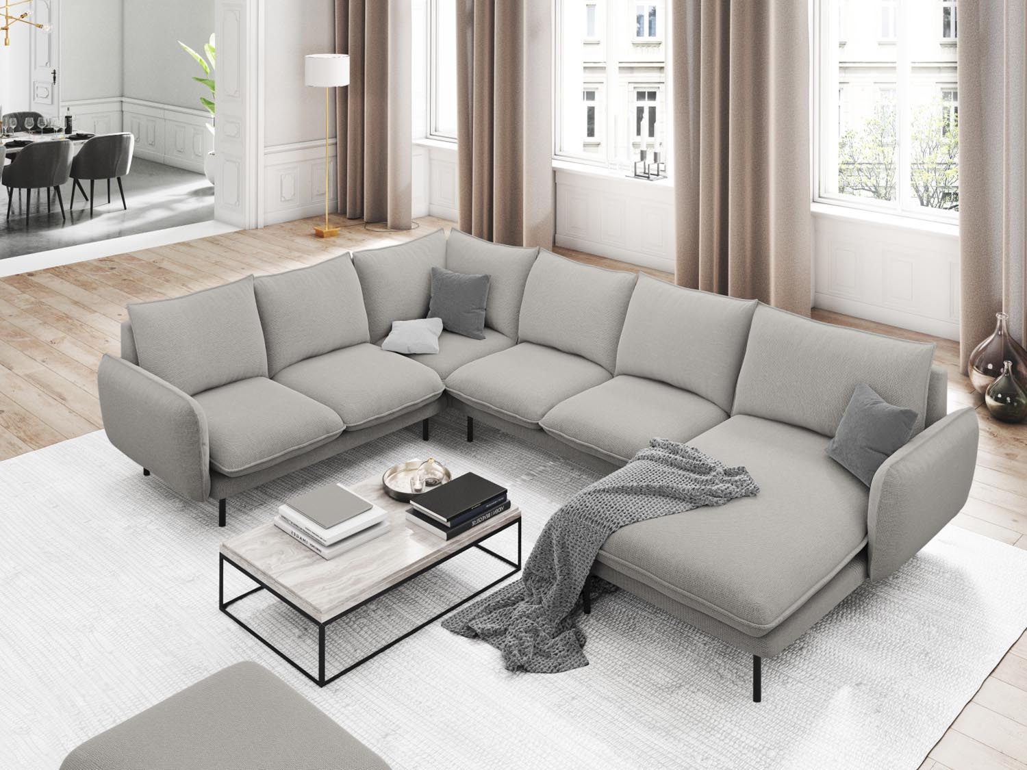 Stylisches Vienna Panoramic Ecksofa links in Light Grey/Schwarz, 7 Sitzer, 235cm – ideal für moderne Wohnräume und gemütliche Abende.