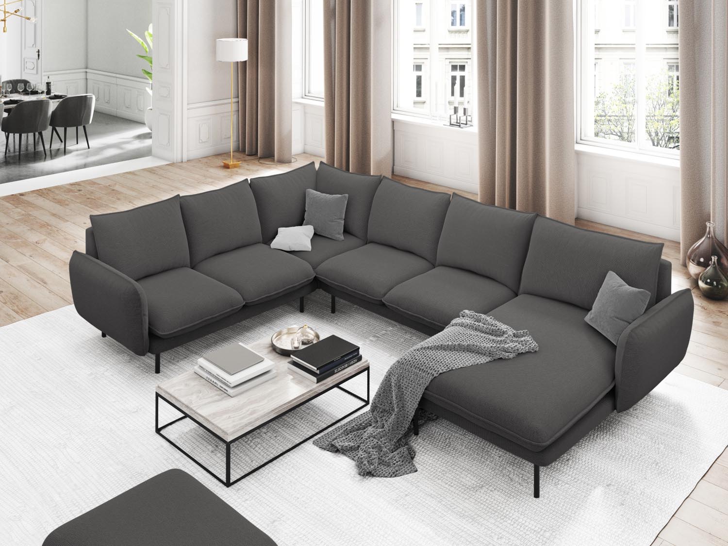 Elegantes Vienna Panoramic Ecksofa links in Dunkelgrau/Schwarz, 7 Sitzer, 235 cm, ideal für stilvolle Wohnräume.