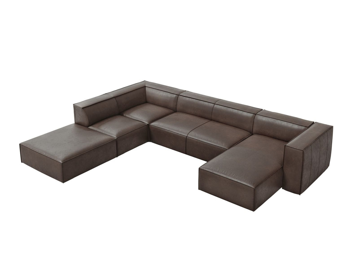 Panorama-Ecksofa links Turin aus Rindsleder in Grau-Braun-Granada, mit Buchenholzbeinen, Récamiere und Rückenkissen, 6 Sitzplätze.