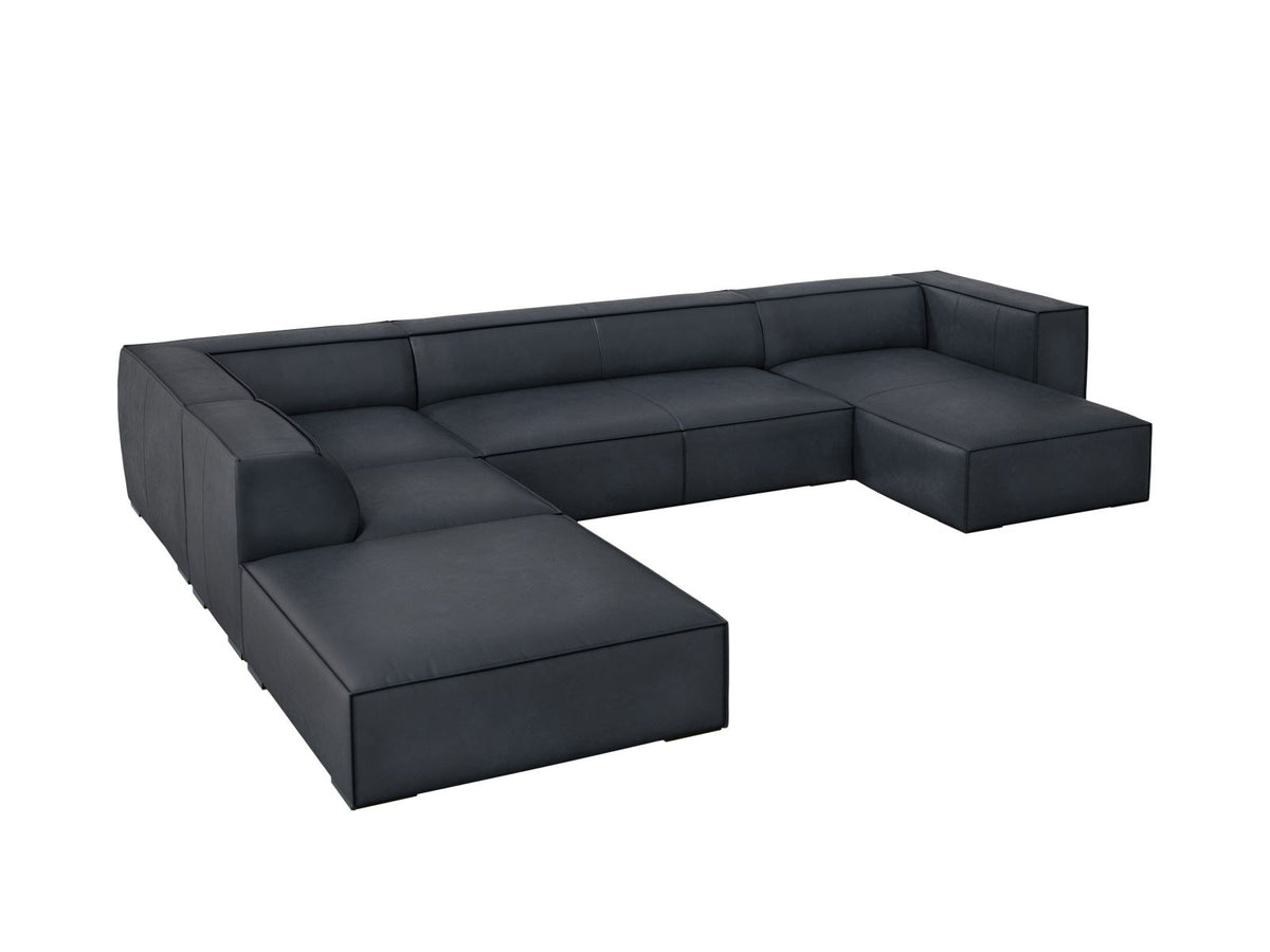 Panorama-Ecksofa links Turin aus Rindsleder in Grau-Braun-Granada, mit Buchenholzbeinen, Récamiere und Rückenkissen, 6 Sitzplätze.