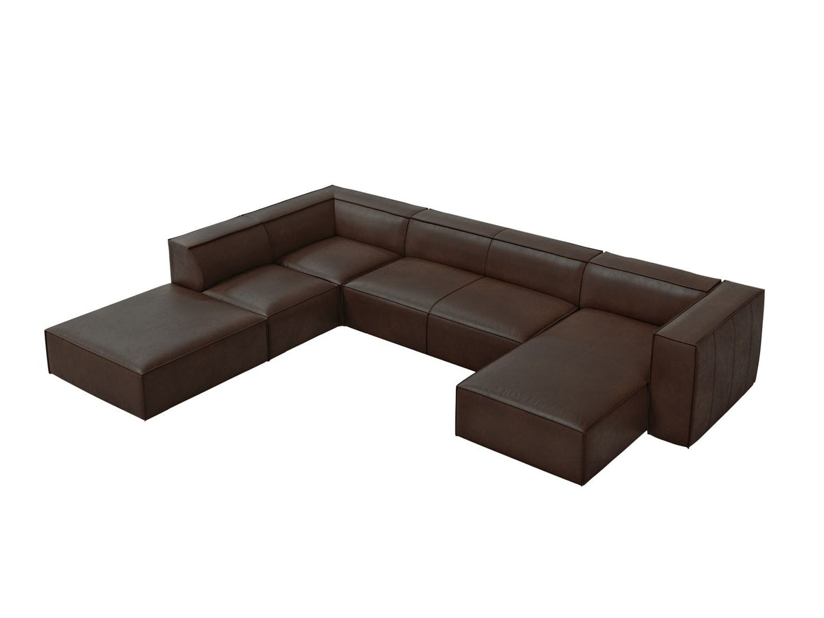 Panorama-Ecksofa links Turin aus Rindsleder in Grau-Braun-Granada, mit Buchenholzbeinen, Récamiere und Rückenkissen, 6 Sitzplätze.