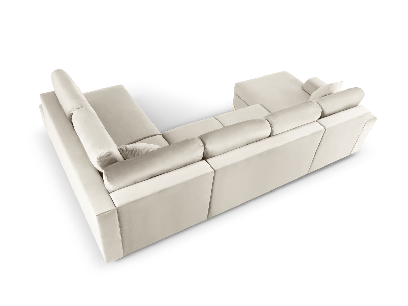 Elegantes Kyoto Velour Panoramic Ecksofa rechts in hellem Beige, 7 Sitzer mit cleverem Stauraum und gemütlicher Schlaffunktion für entspannte Abende.
