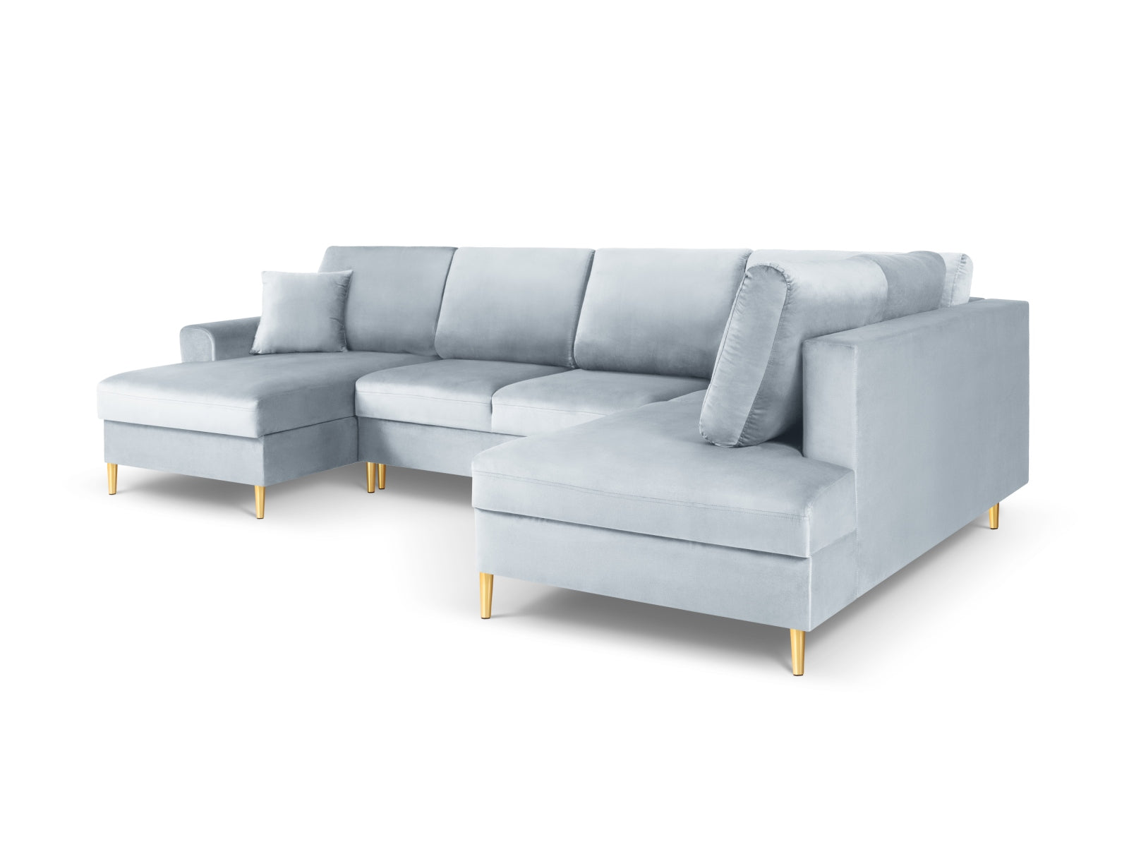 Elegantes Kyoto Velour Panoramic Ecksofa rechts in sanftem Hellblau, 7 Sitzer mit praktischem Stauraum und komfortabler Schlaffunktion.